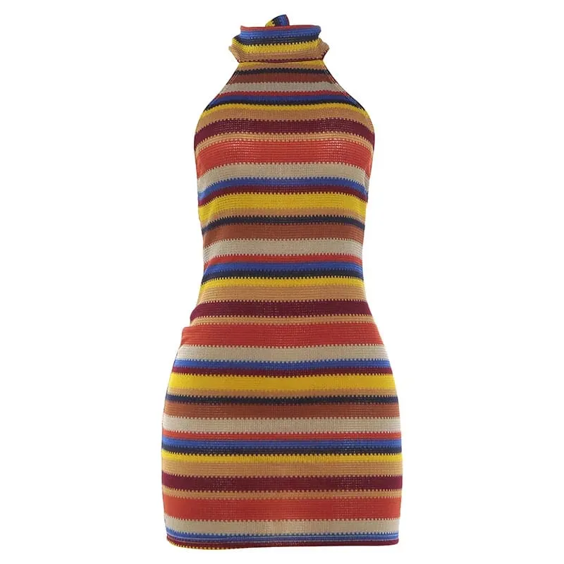 Cryptographic Striped Knit Halter Mini Dress Colorful Contrast Sleeveless Backless Summer Casual Clubwear Bodycon Short Dresses