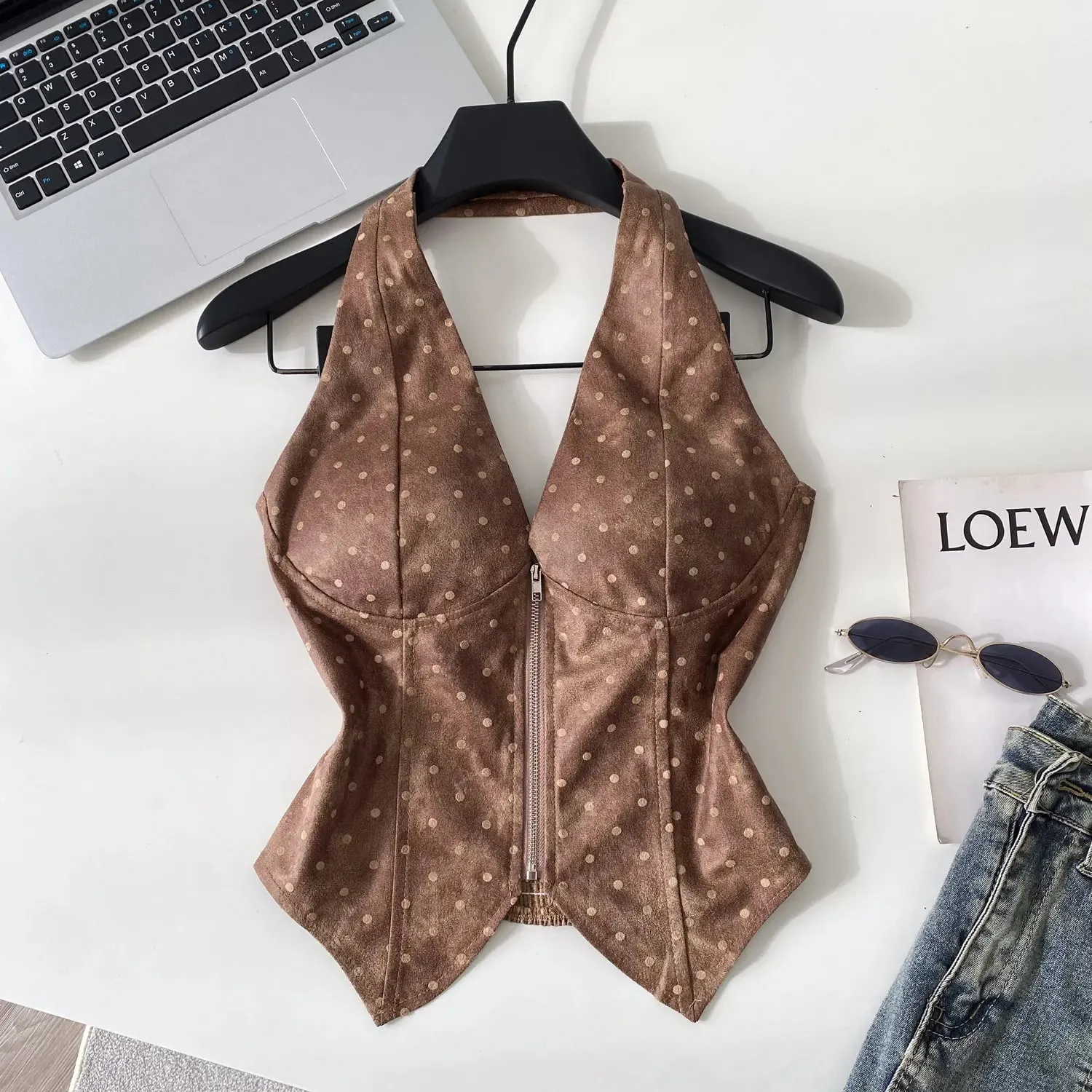 Polka Dot PU Leather Sexy Top Slim Backless Shirred Zipper Sensual Tank Top 2026 Women Trendy Halter Hotsweet Camisole
