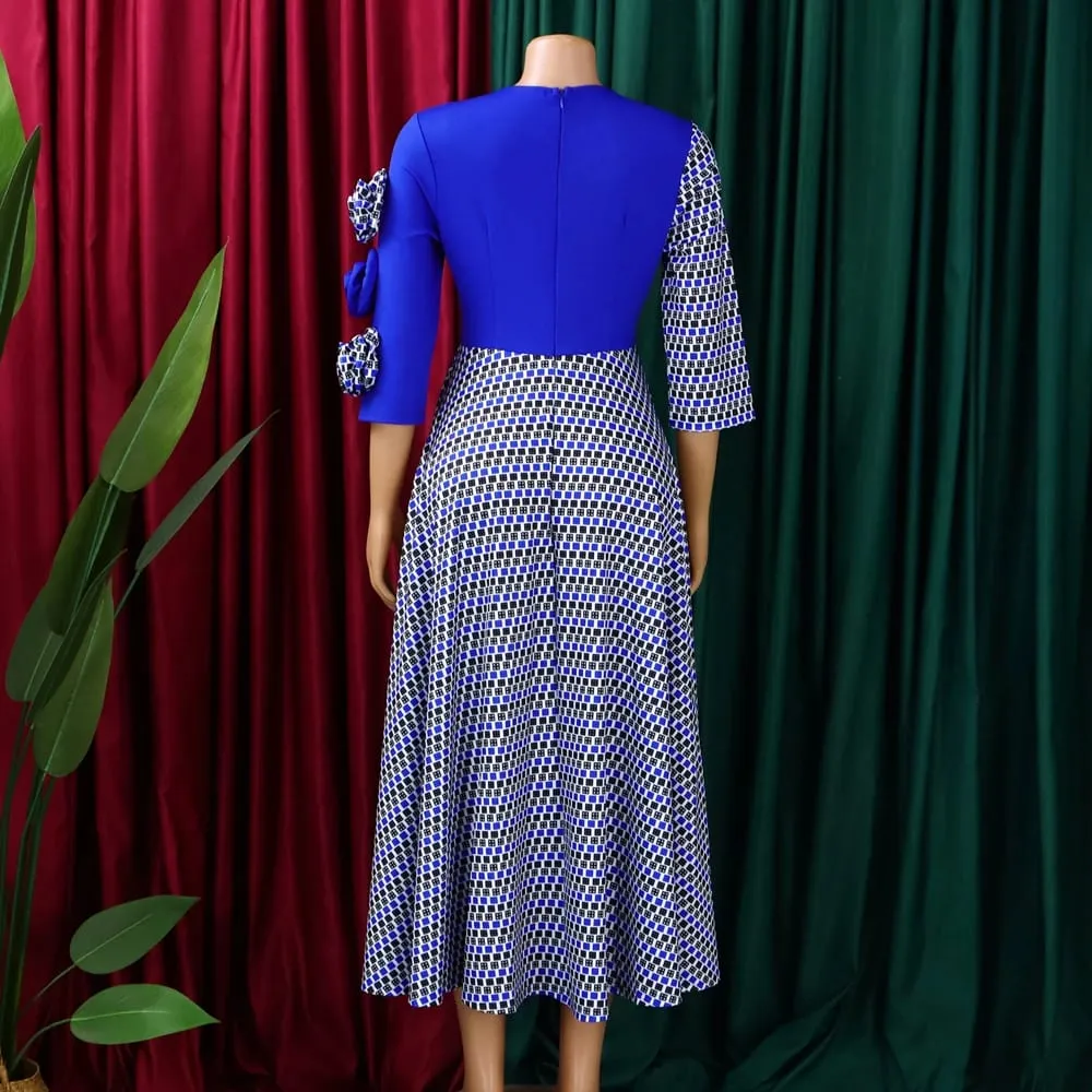Elegant Dresses for Women 2025 Fall Fashion African 3/4 Sleeve Party Birthday New Robe Chic 3D Flower Plaid Evening A-Line Dress