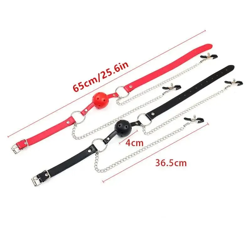 New Erotic Toy PU Leather Mouth Gag Ball Oral Sex With Chain Clip Breast Nipple Clamps Bondage Harness Sex Toys Adult Games