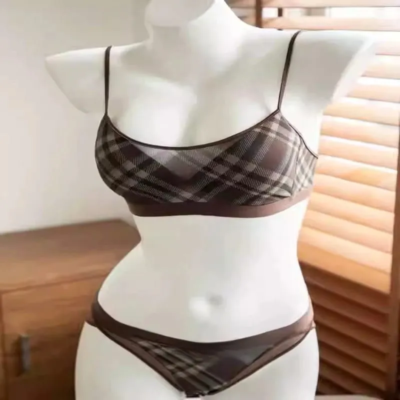 Women American Retro Plaid Intimates Set Thin Push Up Bra Anti Sagging Armpit Fat Support Comfort Everyday Wear