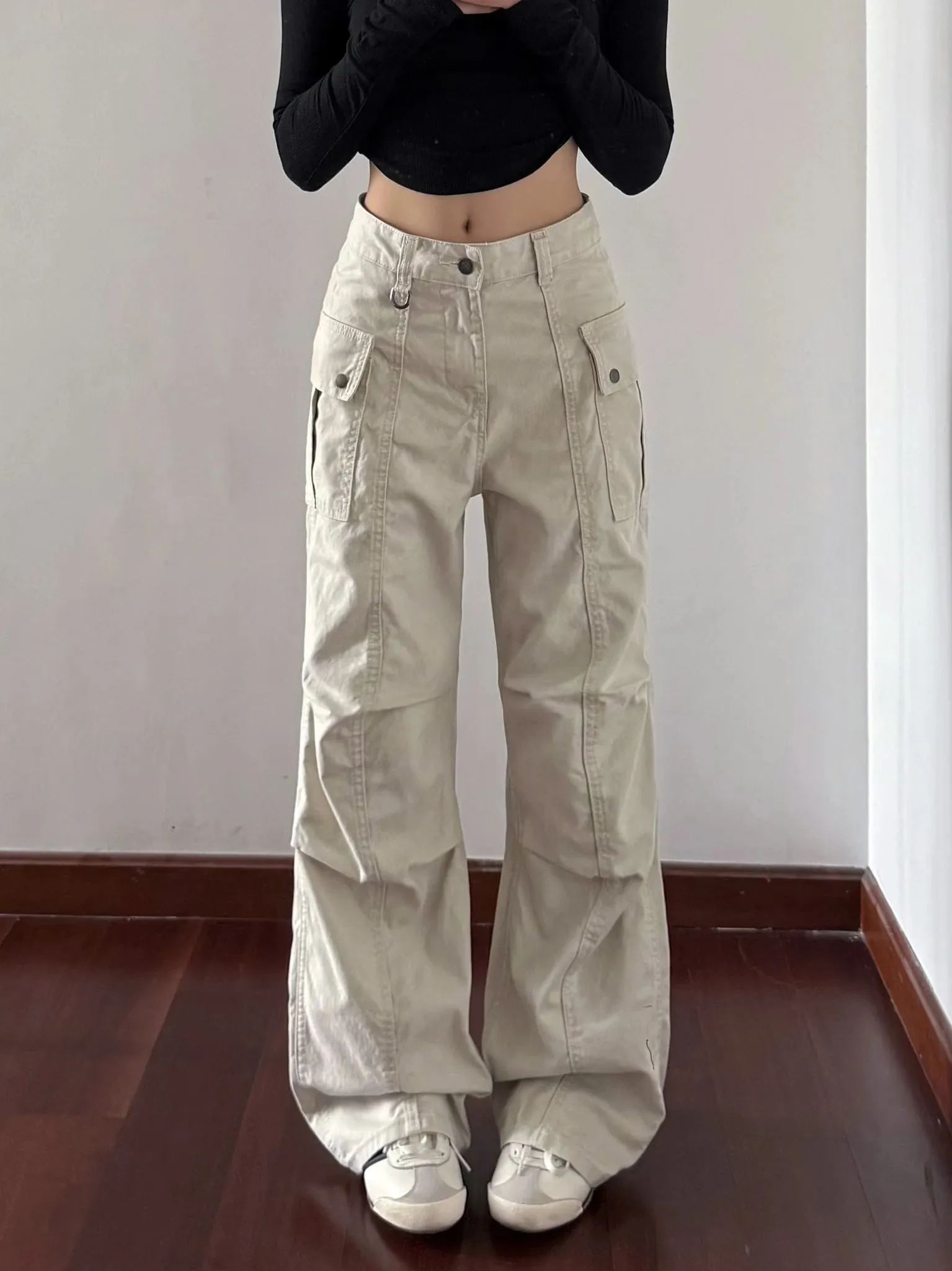 Retro American High Street Work Pants Light Beige Straight Leg Faded Casual Jeans Men Women High Waist Denim Fabric Wear Resi...