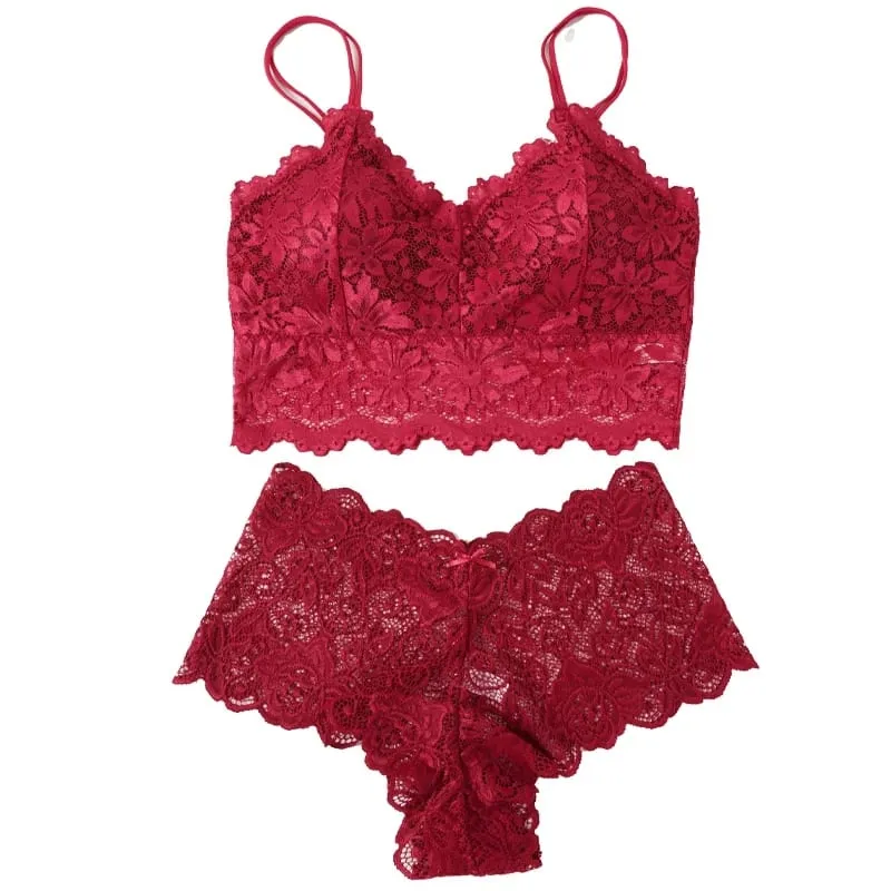 M-2XL Women Sexy Lace Bras Suit Hollow Out Flower Lace Underwear Sets Beautiful Back Tops Panties 2PCS Intimate Set — image 1
