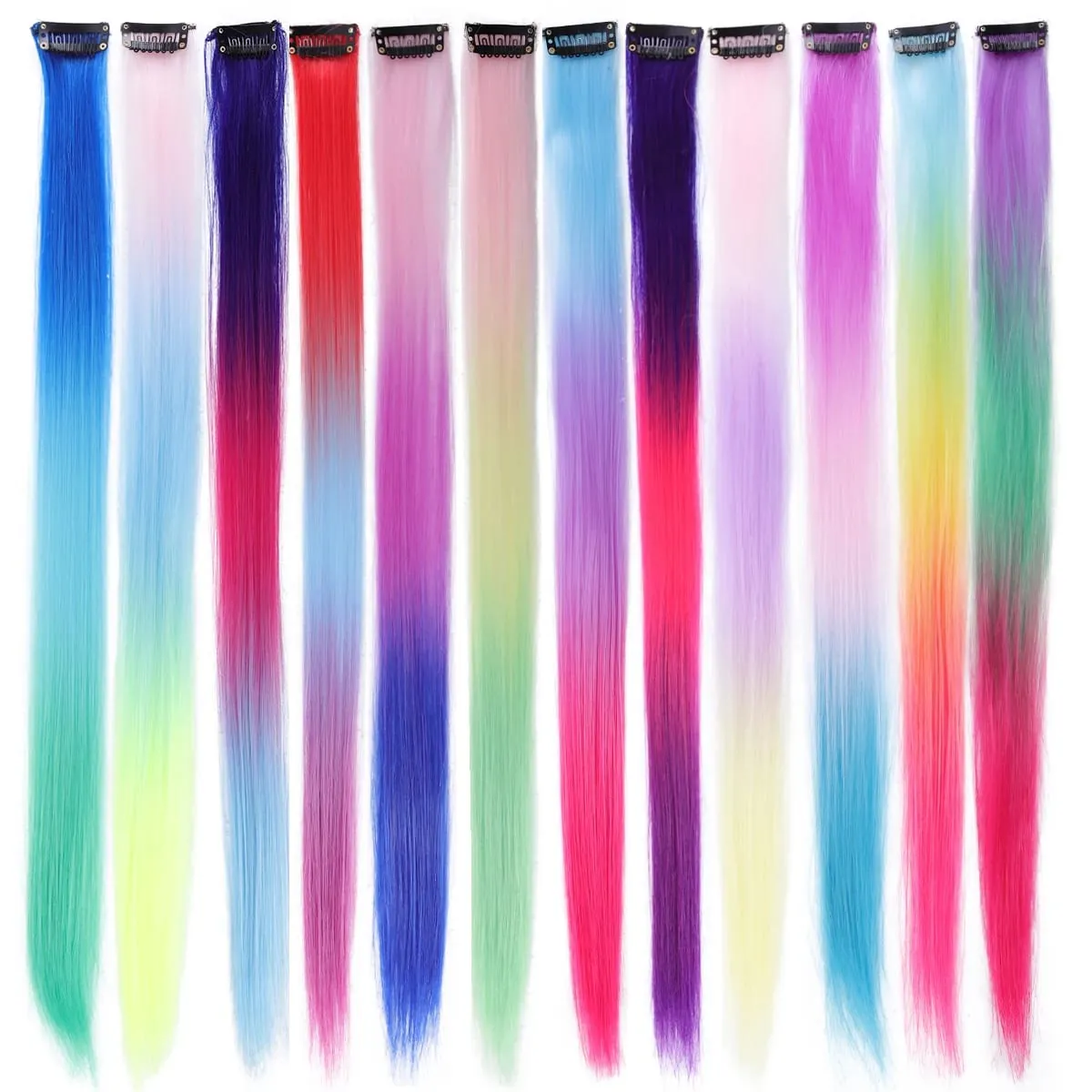 1Pcs Gradient Color Clip in Hair Extensions Party Highlights Wig Synthetic Straight Hairpiece for Girls Kids Christmas Party Use