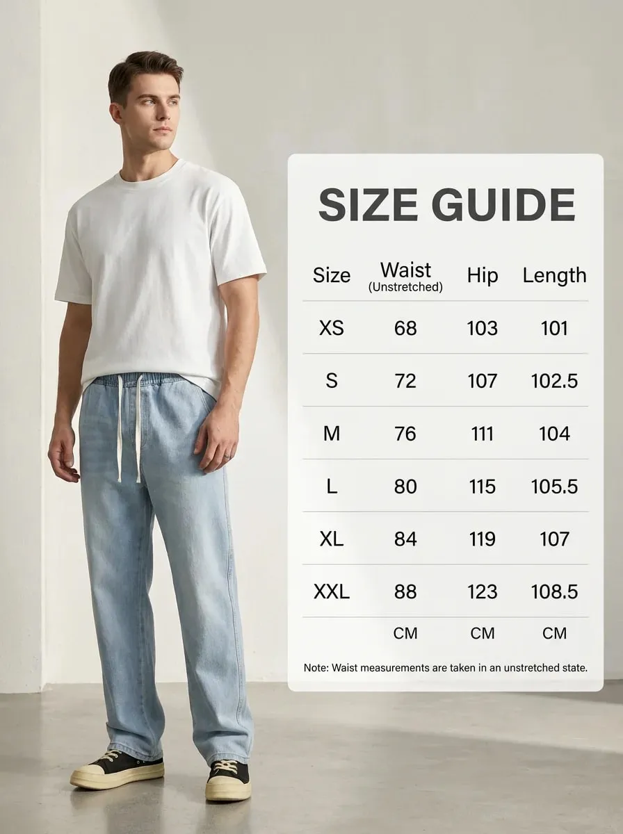Men's Light Blue Elastic Waist Drawstring Loose Jeans Spring Summer Autumn Winter Versatile Comfortable Fit Casual Denim Pants