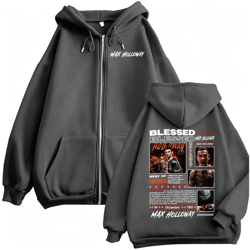 Max Holloway Blessed Retro Zip Up Hoodies Men's Harajuku Streetwear Sweatshirt Jacket Coats Bodywarmer Cozy Fleece Zipper Hoodie