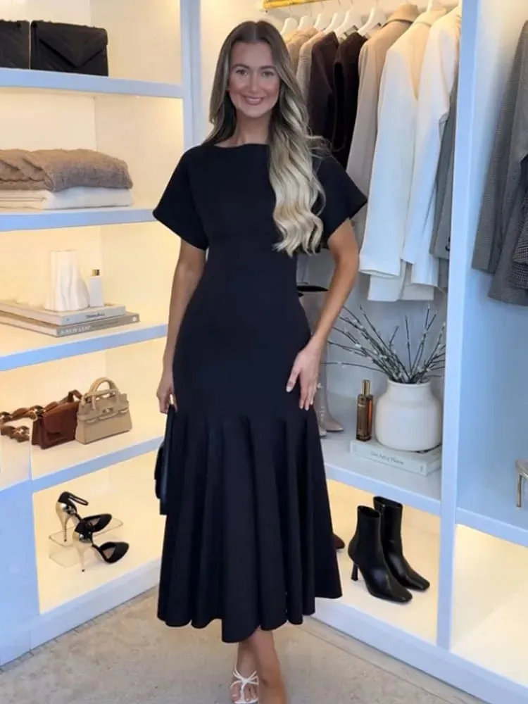 HH 2026 Women Summer Fashion Solid Midi Dress Side Zipper Pleated Woman Ship-type Short Sleeved Stitching Holiday Party Dress — image 2