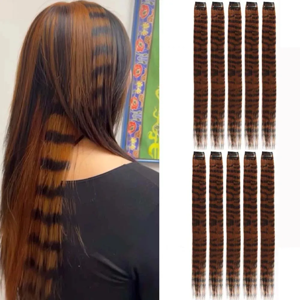 10pcs/set Stripe Printed Hair Colorful Long Straight Hair Pieces Synthetic Clip-in Hair Extensions for Daily Use Party Halloween