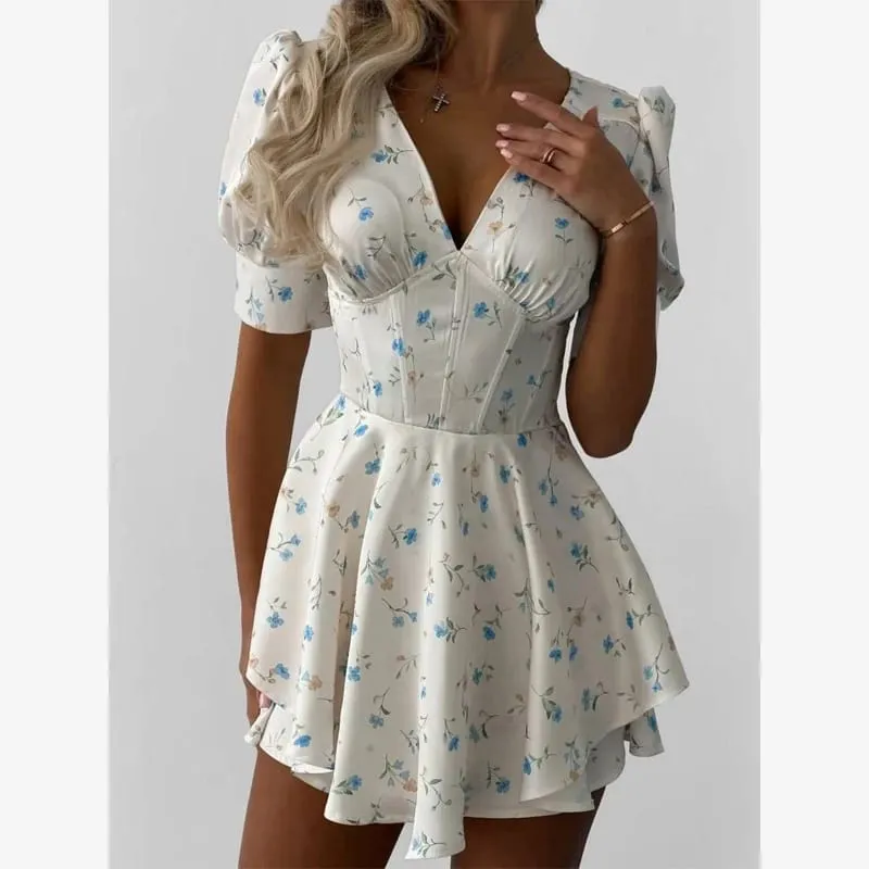 Elegant Floral Printed Mini Dress Women V-neck Short Sleeves Waist Cinching Ruffle Hem Dresses 2026 Lady Summer Vacation Robe