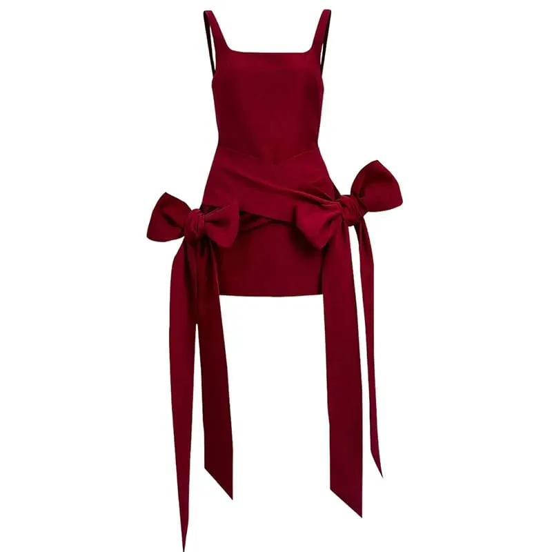 Moda vermelho bowknot mini vestido cintas gola quadrada sem mangas sem costas vintage bonito senhoras magro festa curto a-line vestidos