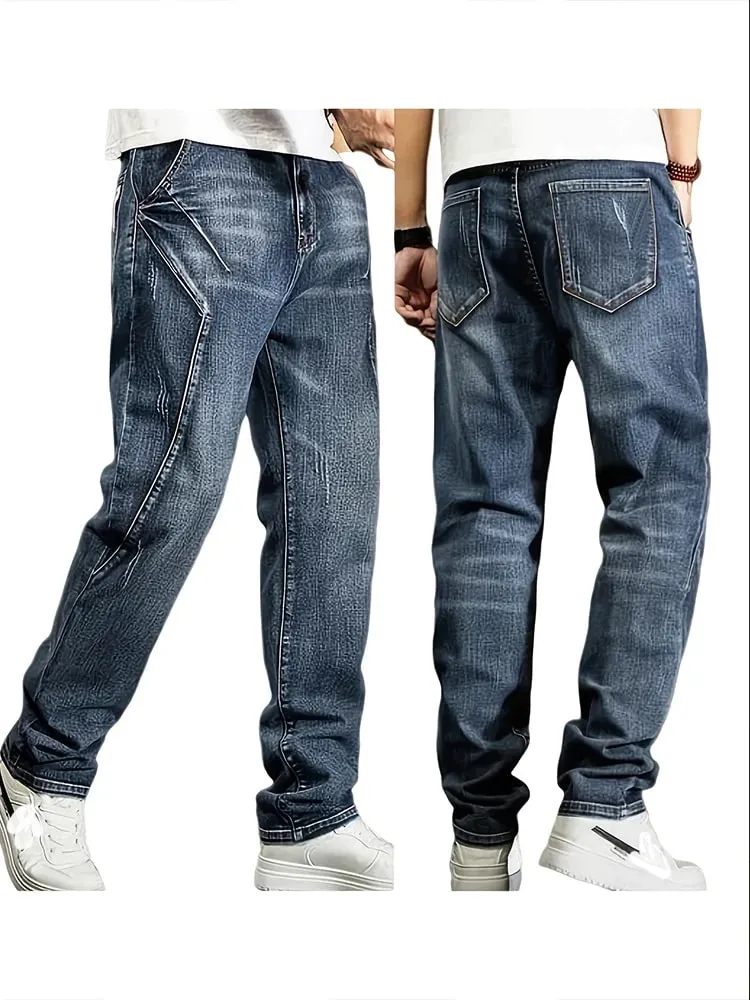 Men's New Straight Leg Stretchable Jeans Casual Pants with Personality Design Comfortable Fit Modern Style