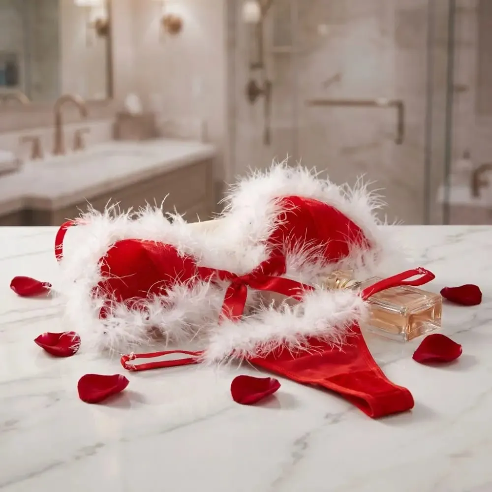 Christmas Furry Women's Underwear Wireless Mesh Transparent Lingerie Set Romantic Intimate Bow Decor Bra Panties Suit Home