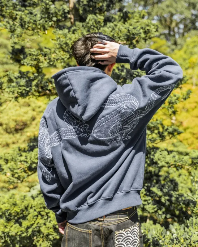 Lalaking Dragon Embroidered Hoodie Japanese Sukajan Style Fleece Lined Pullover Hooded Sweatshirt Loose Casual Streetwear Tops Bago