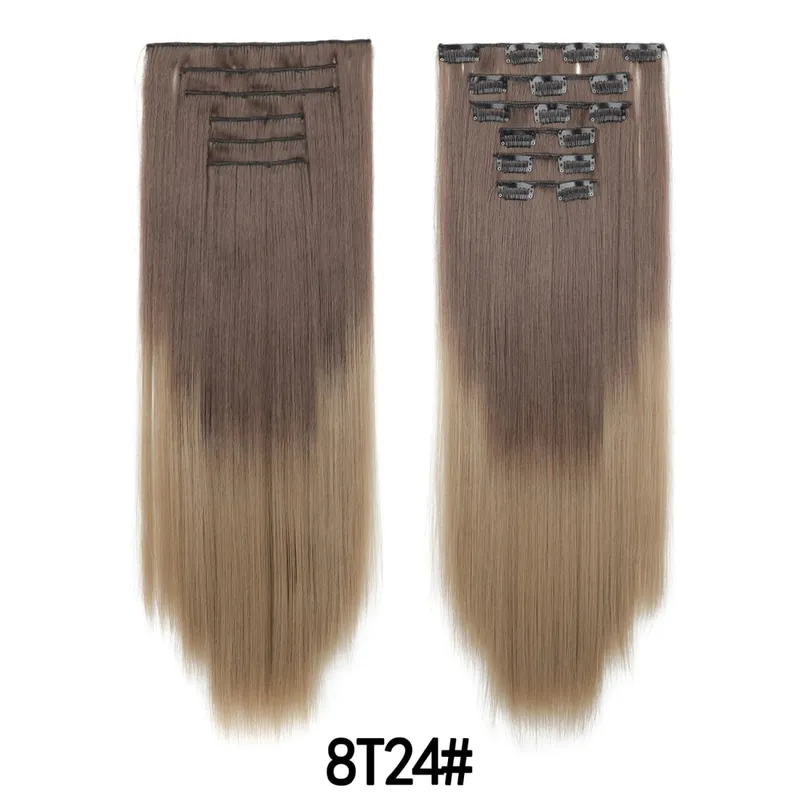 6PCS/Set Clip In Hair Extensions Long Straight Hair Full Head Ombre Gradient Color Synthetic Hairpiece For Women Daily Use