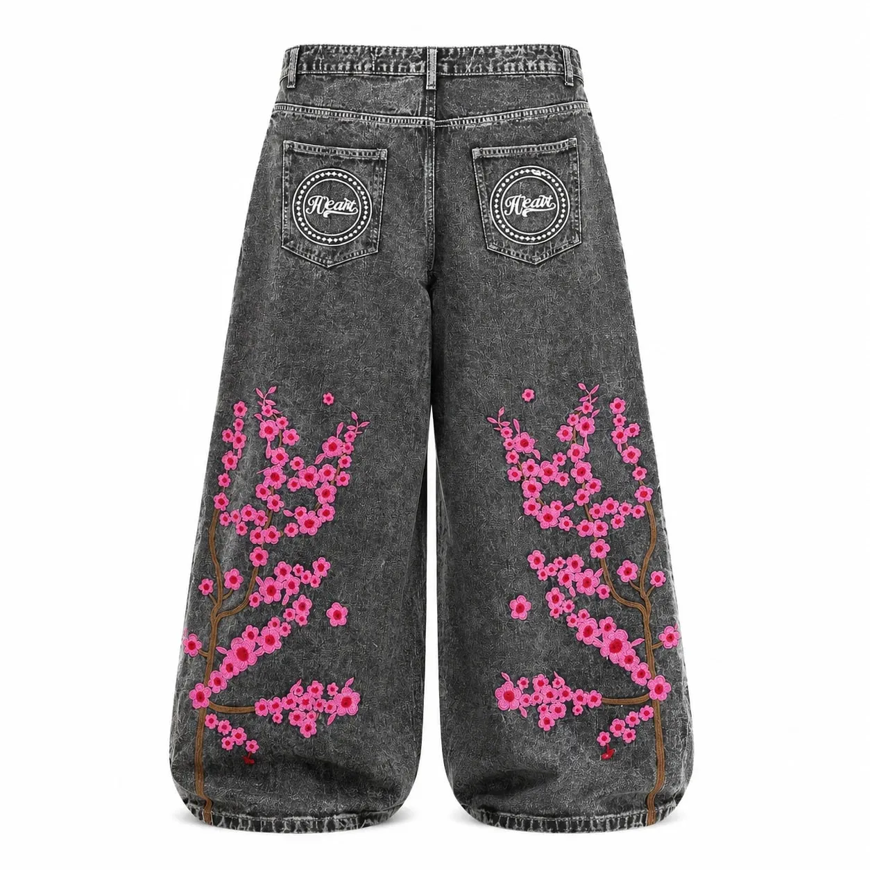 UP.THE Men Baggy Wide Leg Jeans Vintage Washed Black Gray Denim Pants Y2K Loose Cherry Blossom Embroidery Heart Letter Print Streetwear Jeans for Daily Hip Hop Casual Outfits