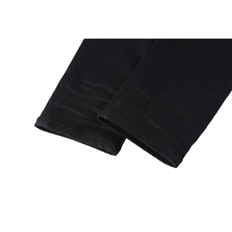 Men's Multiple Knee Ripped Slim Tapered Jeans Mid Rise Vintage Black Wash Heavily Frayed Button Fly High Street Style