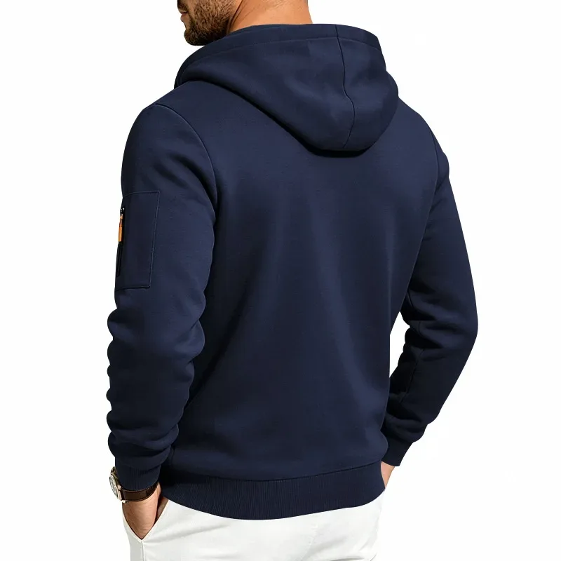 Men's Heavyweight Full Zip Hoodie Autumn Winter Casual Outdoor Hooded Sweatshirt Multi‑Pocket Drawstring Loose Fit Sports Jacket