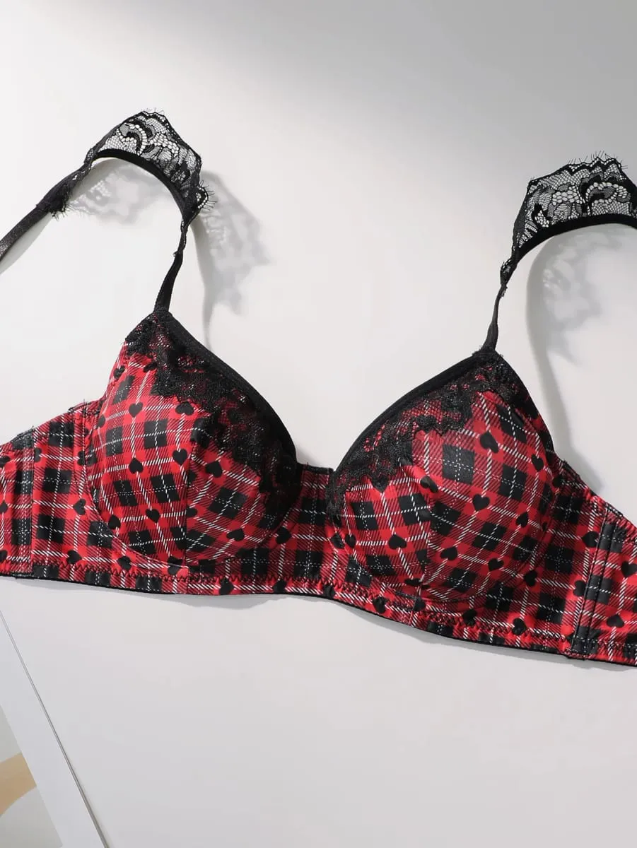 Women Plaid Heart Print Lingerie Set Lace Spaghetti Strap Bra And Panty Set Soft Comfortable Ladies Intimate Sleep Underwear Set