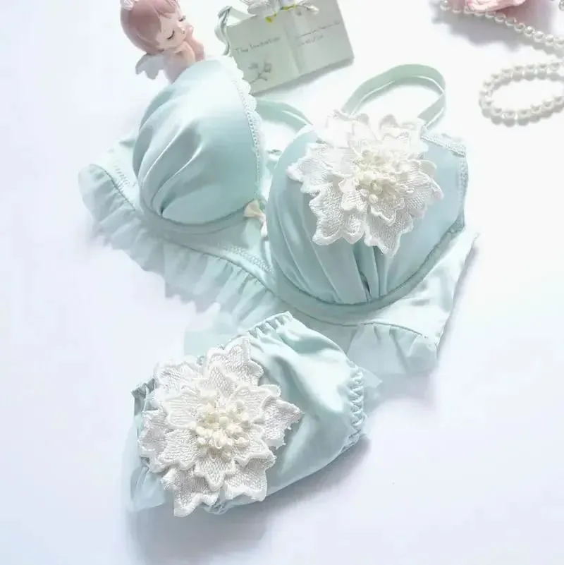 Sweet Floral Embroidered Push Up Bra Set for Women Large Size A-E Cup Fresh Thin Underwear & Panty Lingerie