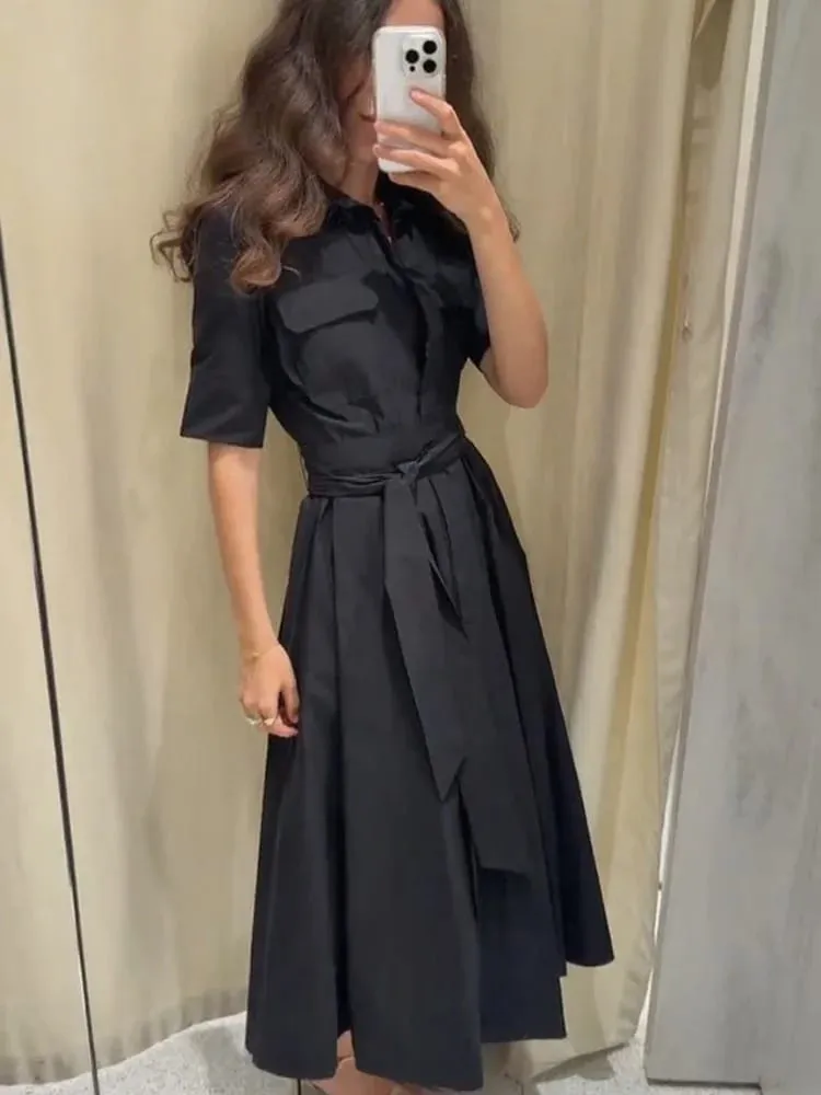 Gaun Midi Kerah Lengan Pendek Elegan untuk Wanita Gaun Panjang Pinggang Kancing Sebaris Solid Chic Wanita Gaun Pesta Malam Liburan Vestidos