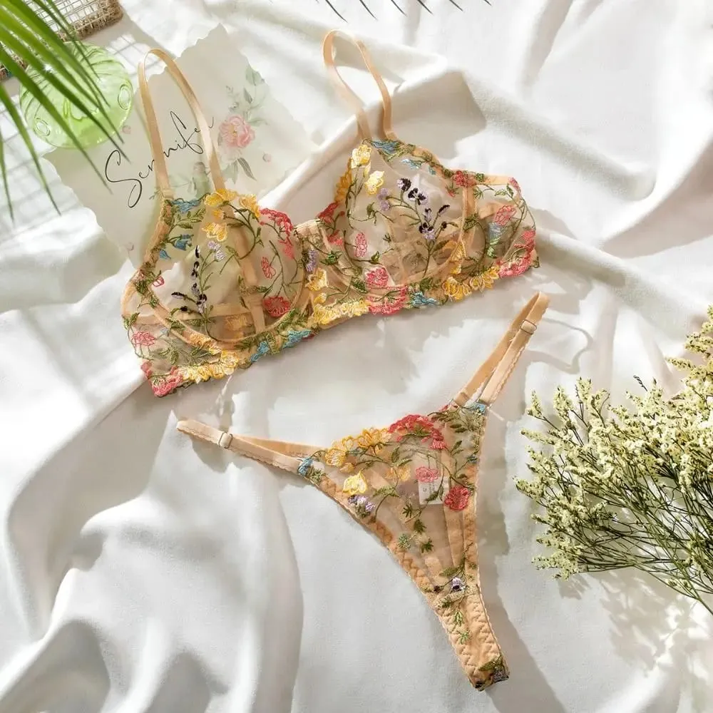 2-Piece Versatile Floral Lingerie Set Embroidery Sheer Women Underwear Boho Bra Panty Set — image 3