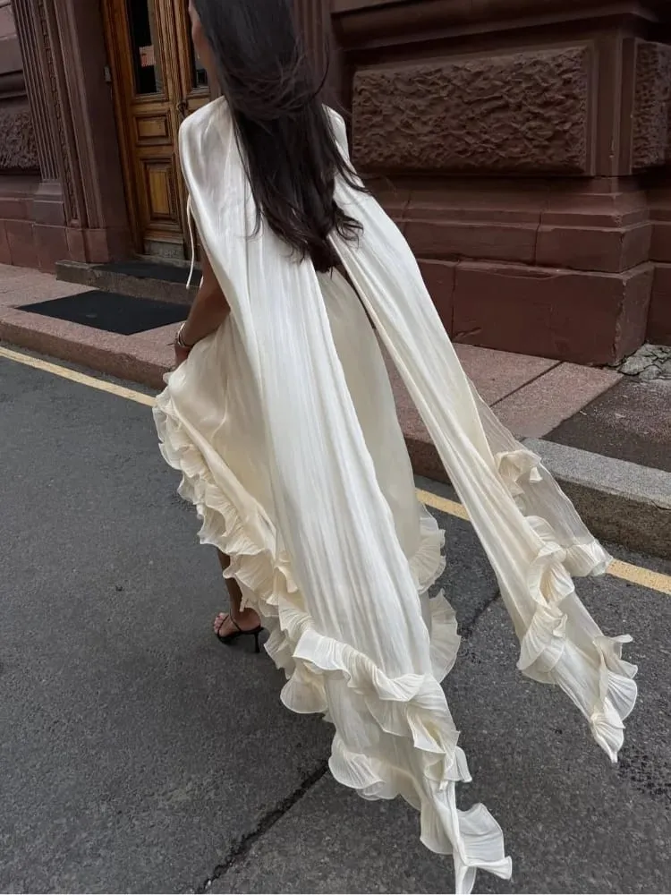 Solid Multi-layer Ruffled Maxi Dress Women Elegant Sleeveless Off-shoulder High Waist Dresses Lady New Chic Vacation Party Gowns — image 4