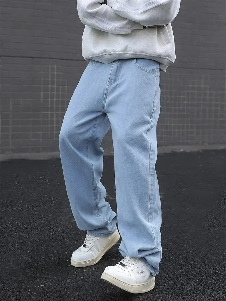 Novo algodão masculino baggy y2k jeans moda roupas masculinas cintura elástica lavada calças de perna larga sólida reta solta calças jeans