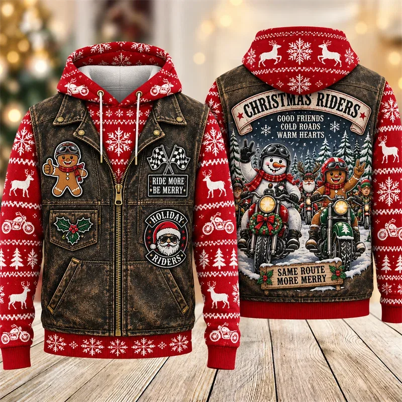 Christmas Biker Hoodie 3D Print Santa Reindeer Gingerbread Rider Faux Leather Vest Holiday Pullover Winter Streetwear Gift