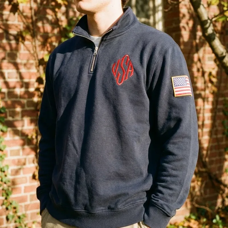 Hot Sell American Flag Embroider Hoodies Quarter Zip Sweatshirts Men Y2k Casual Sweater Pullover Patch Sleeve Streetwear