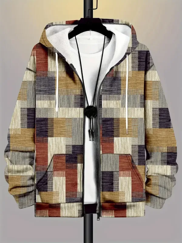 Retro Plaid Print Patchwork Zip Up Hoodie Men's Clothing Hot Style Long Sleeve Pullover Trend Streetwear Men Zip Up Hoodies