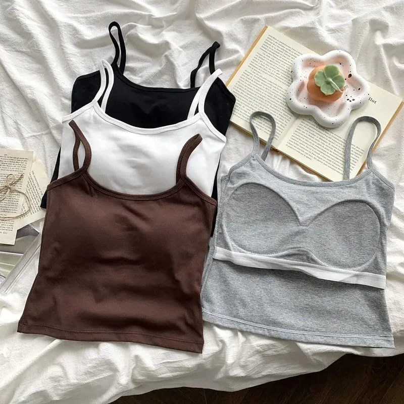 Women's Solid Color Straps Sleeveless Slim Camisole with Comfortable Chest Pad Daily Top Travel Inside Sport Cotton Vest