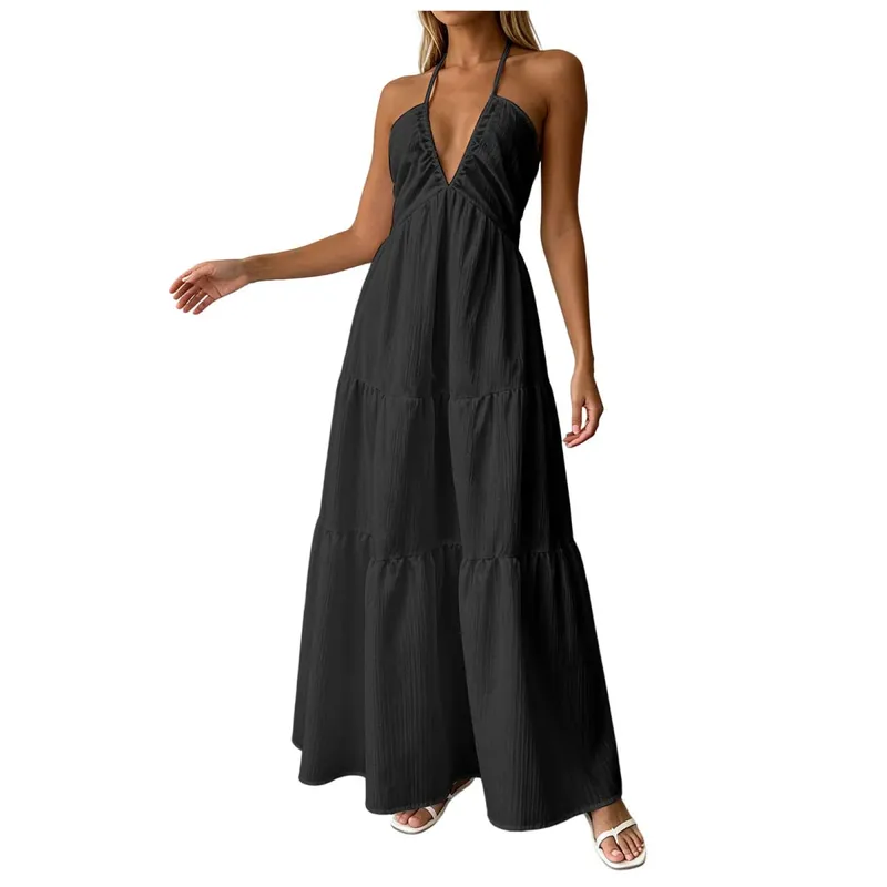 Summer Halter Neck Women's Dress Elegant Chic Wedding Party Beach Dress Backless Flowy Vacation Boho Sling Long Dresses Women