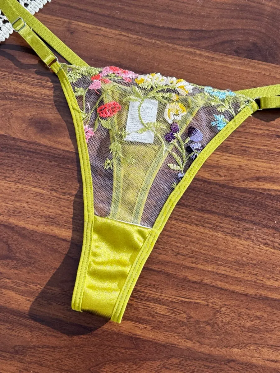 Women Floral Embroidery Lingerie Set Sheer Mesh Underwire Bra & Thong 2‑Piece Outfit Colorful Flower Intimate Sleepwear