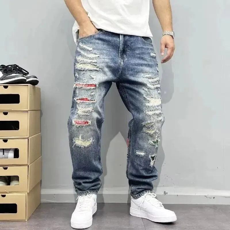 Jeans elasticizzati a gamba dritta strappati di nuova tendenza della moda primaverile e autunnale per jeans sportivi di fascia alta allentati casual retrò da uomo 28-36