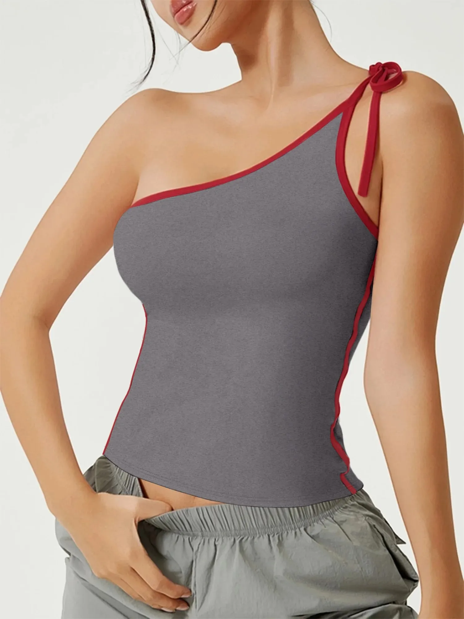 Asymmetric One Shoulder Tie Strap Tank Top Women Red Contrast Trim Slim Fit Crop Cami Summer Y2K Sleeveless Vest
