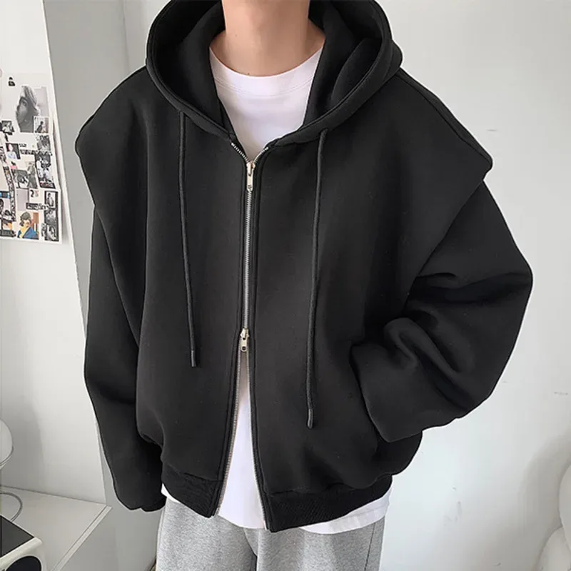 Autumn New Padded Shoulder Design Solid Streetwear Men Double Zip-up Hooded Sweatshirts Harajuku Casual Daily Hoodies