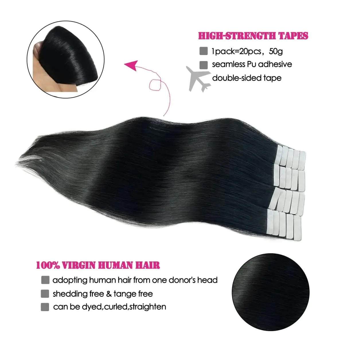 Tape In Hair Extensions Human Hair Natural Black Real Human Hair 20Pcs 50G/Pack Straight Seamless Skin Weft Tape Hair Extensions