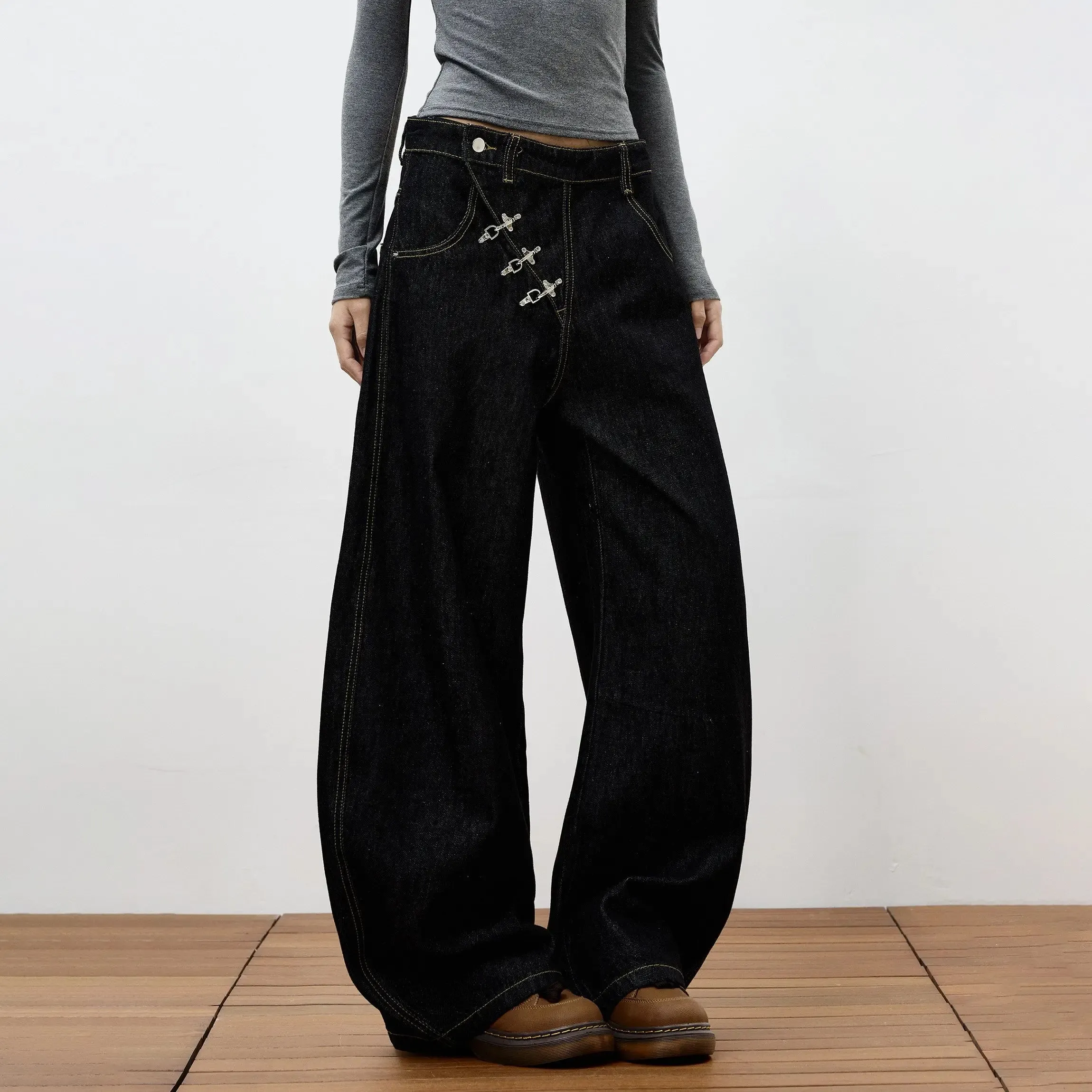 High Retro Hip Hop Wide Leg Raw Denim Jeans Women Airplane Buckle Design Curved Hem Floor Length Jeans Streetwear Daily Clothes