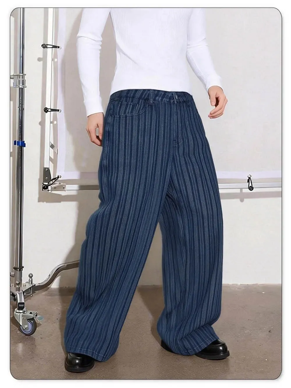 Japanese Korean Style Wavy Stripe Jacquard Fabric Baggy Wide-leg Jeans American Retro Style Business Casual Denim Pants