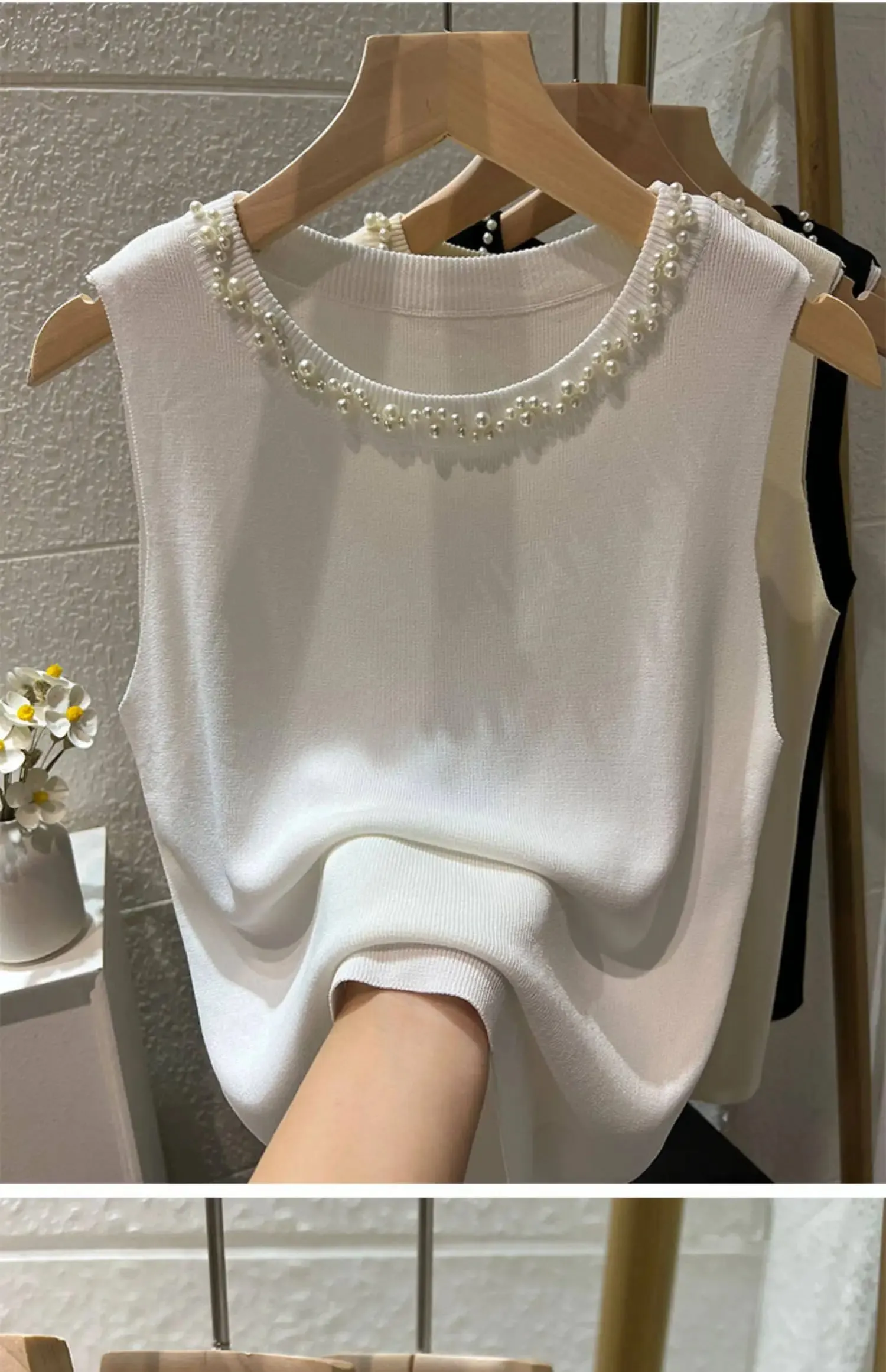 White Women Camisole 2026 New Summer Slim Thin Ice Silk Knit Vest Trendy Beaded Decor O-Neck Sleeveless Tank Top