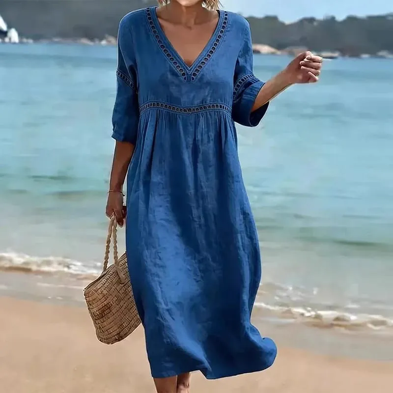 Summer V Neck Half Sleeve Loose Beach Holiday Dress Women Casual Hollow Out Design Solid Color A-line Midi Dress Boho