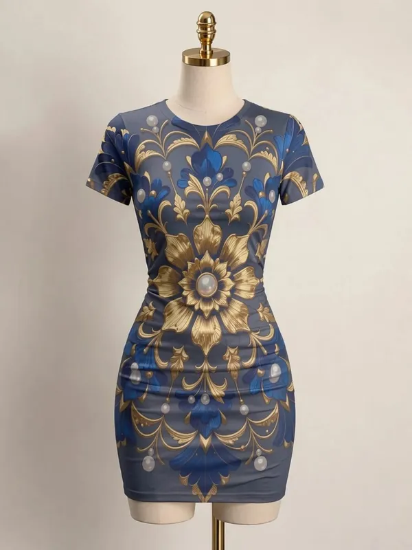Womens Short Sleeve Bodycon Mini Dress Slim Fit Crew Neck Floral Print Casual Summer Party Cute Casual Weekend Vacation Sundress