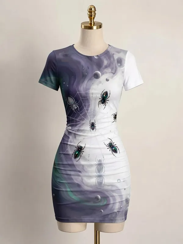 Womens Short Sleeve Bodycon Mini Dress Slim Fit Crew Neck Floral Print Casual Summer Party Cute Trendy Flattering Party Sundress
