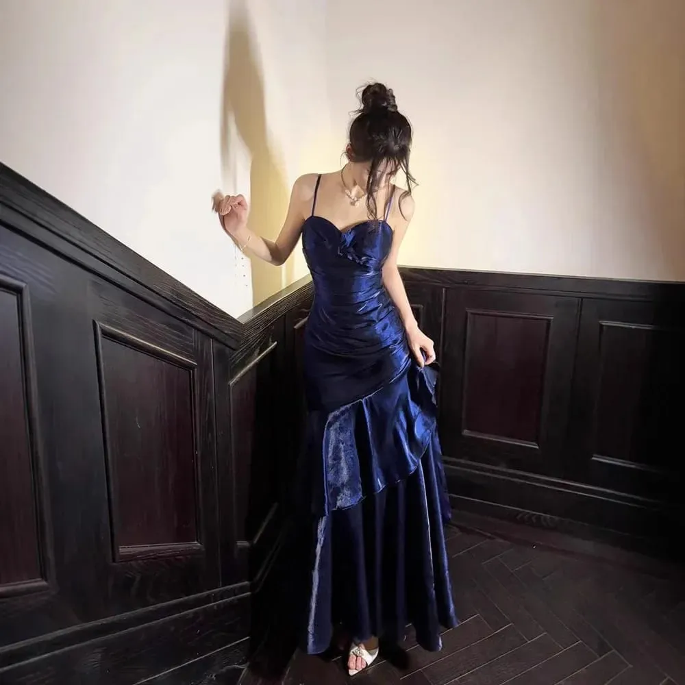 Blue Mermaid Style Birthday Dress with Lace Trim Strapless Gown Adult Ceremony Dress Long Ankle Length V-neckline No-sleeve — image 3