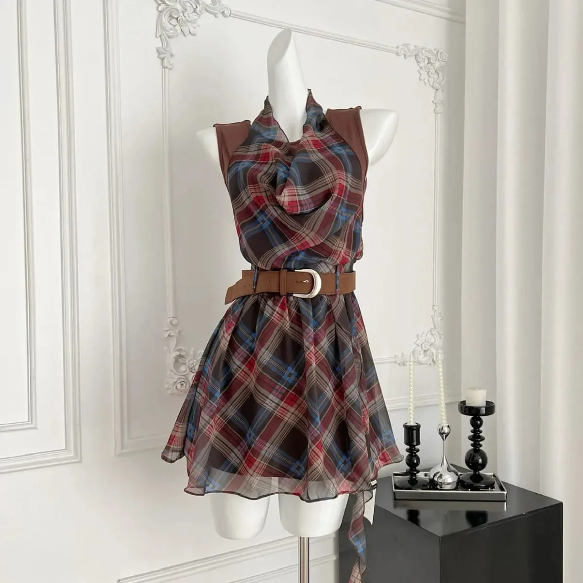 Elegant French Style Mini Dress Neck Hanging Unusual Plaid Women's Slimming Waist Dress Summer New Arrival Polka Dot Skirt