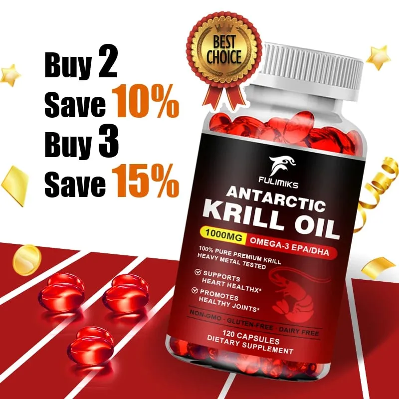 Pure Antarctic Krill Oil Supplement 1000mg Omega-3 with EPA/DHA Supports Heart Brain & Joints Health for Adults