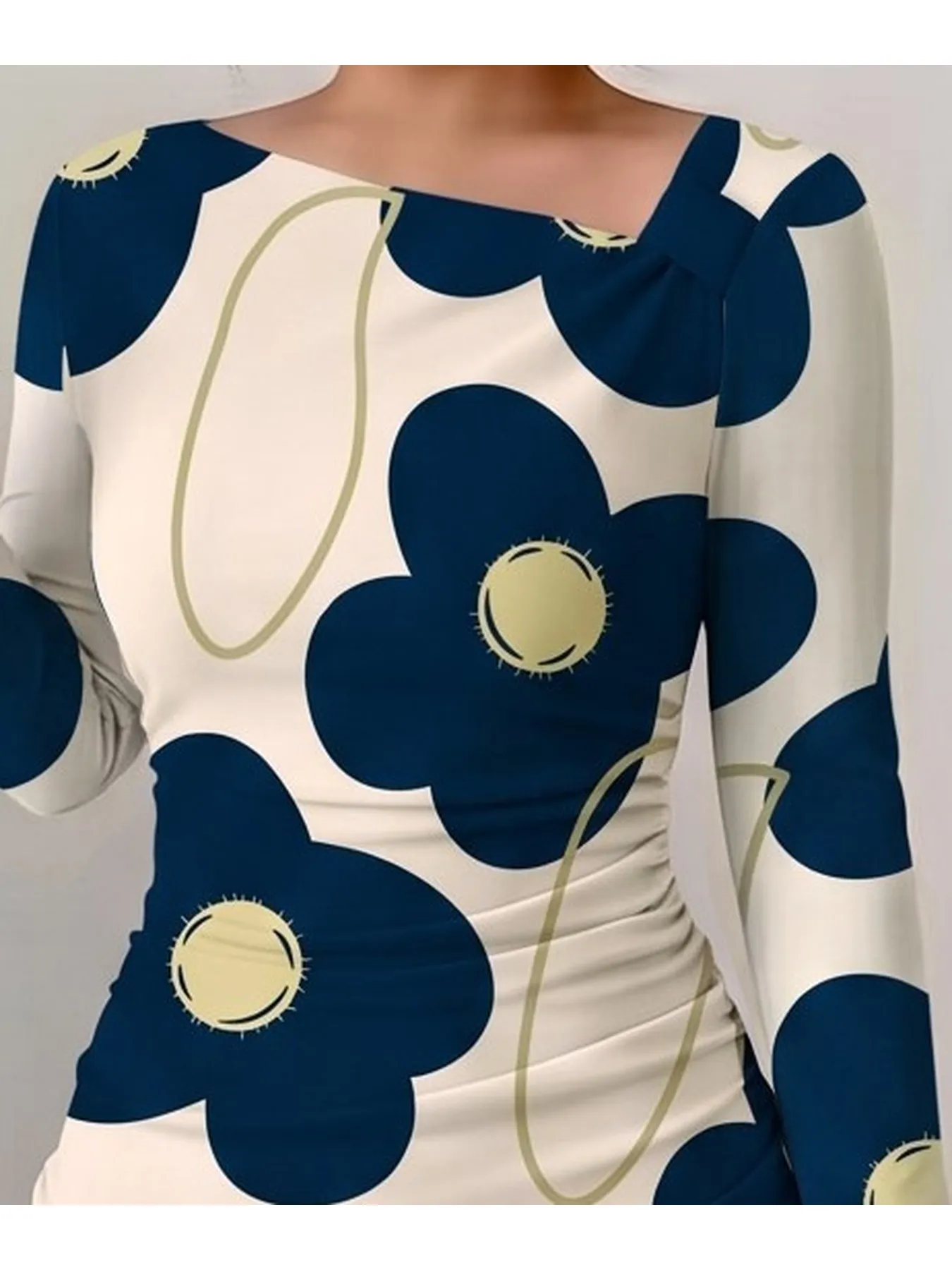 Women's Casual Comfortable Slanted Shoulder Collar Dress with Flower Print Long Sleeves Waist Bag Hip Mini Skirt Length