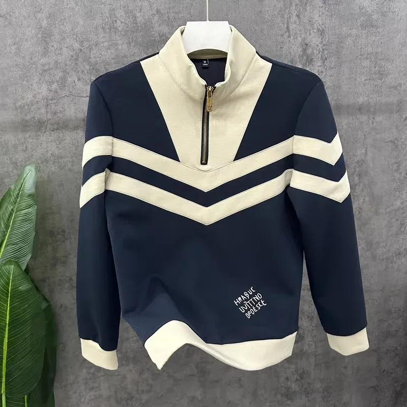 2026 Spring Luxury Stand Collar Sweatshirts Men's Trendy Splicing Hoodie Comfortable Versatile Casual Sweatshirts Men Clothing