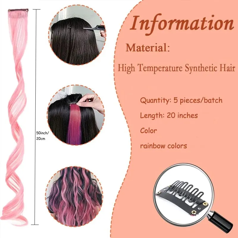 Colorful Hair Extensions Wavy Accessories Party Highlights Clip on Synthetic Rainbow Wigs Children's Favorite Gift (5 pieces )