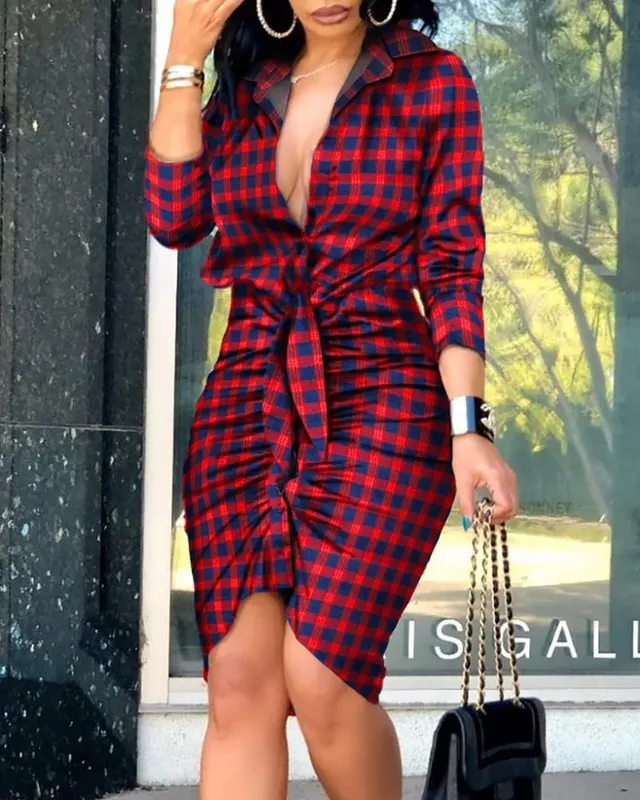 Kadın Uzun Kollu V Yaka Midi Elbise Dantelli Bodycon Gömlek Elbise Bel Kravatlı Asimetrik Etek Parti Kulübü Akşam Giyim için